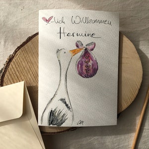 Handgemalte personalisierbare Karte zur Geburt Geschenk Baby Aquarellkarte Bild Storch Mädchen Junge Original kein Druck edel und hochwertig
