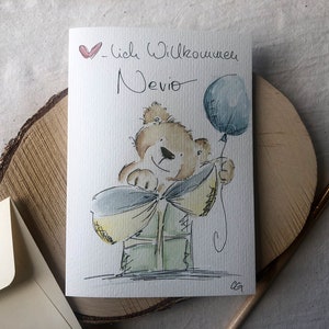 Original handgemalte Karte zur Geburt, Aquarell, Mädchen, Junge, Unikat, Original, kein Druck, edel und hochwertig