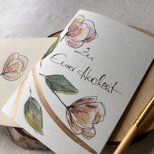 Hochzeitskarte original handgemalt Aquarell Glückwunschkarte Hochzeit Geschenk Brautpaar Blumen Klappkarte edel und hochwertig kein Druck