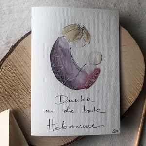 Original handgemalte Dankeskarte Hebamme, Aquarell, Unikat, personalisierbar, edel und hochwertig, Faltkarte, kein Druck