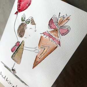 Handgemalte Karte zur Einschulung in Aquarell, Mädchen mit Schultüte, Geschenk 1. Klasse, mit Kuvert, edel und hochwertig, kein Druck