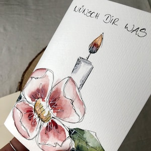 Geburtstagskarte original handgemalte Aquarellkarte zum Geburtstag Geschenk Freundin edel hochwertig Glückwunsch Kerze Blume Gold kein Druck