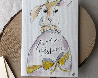 Frohe Ostern, handgemalte Osterkarte in Aquarell, Hase mit Blumen, Klappkarte Osterhase, Ostergrüße, Unikat, edel und hochwertig, kein Druck