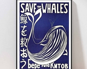 Save The Whales Vintage Poster Wall Art Blue White Home Decor Modern Abstract Marine Sea Nature PHYSICAL Print INSTANT DOWNLOAD POST36
