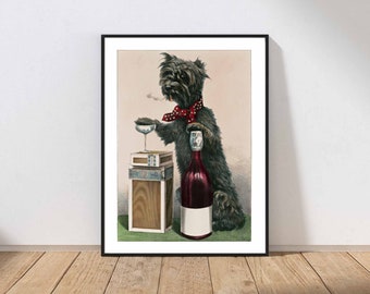 Wine Bar Kitchen Wall Art Vintage Antique Illustration Dog with Wine Champagne Bottle and a Glass MAILED Print or INSTANT DOWNLOAD ANMR3