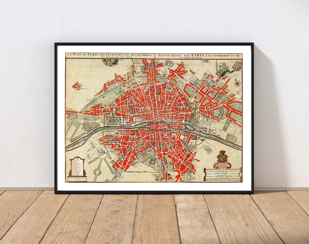 Antique Paris Map Print Wall Art Vintage French History Poster Library ...