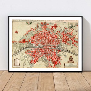 Antique Paris Map Print Wall Art Vintage French History Poster Library Office Living Room Red Decor MAILED Print or INSTANT DOWNLOAD MAPS1