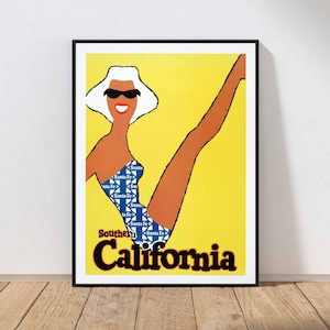 California Santa Fe Vintage Poster Wall Art Retro Art Deco Colorful Sunny Young Lady Swimsuit Print PHYSICAL Print or NSTANT DOWNLOAD POST32