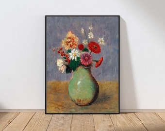 Wildflowers Vase Wall Art Print Vintage Daisies Still Life Painting Red Blue Green Classic Home Decor MAILED Print or INSTANT DOWNLOAD OR7
