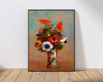 Colorful Flowers in Vase Wall Art Print Vintage Still Life Orange Blue Red Impressionism Home Decor MAILED Print or INSTANT DOWNLOAD OR6