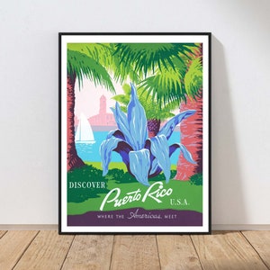 Puerto Rico Poster Wall Art Print Tropical Palm Tree Colorful Travel Guide Pink Blue Green Island MAILED Print or INSTANT DOWNLOAD POST13