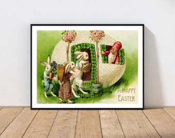 Vintage Easter Post Card Wall Art Poster Egg Bunny Rabbit Spring Decoration Home Decor Craft Project MAILED Print or INSTANT DOWNLOAD EAST8