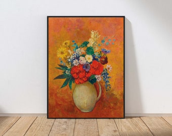 Colorful Flowers in Vase Still Life Painting Print Wall Art Orange Blue Red Floral Gift Home Decor MAILED Print or INSTANT DOWNLOAD OR5