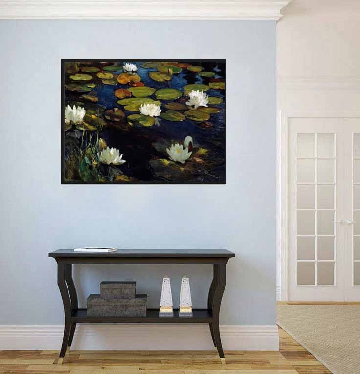 White Water Lilies on Navy Blue Background Botanical Print Wall Art ...