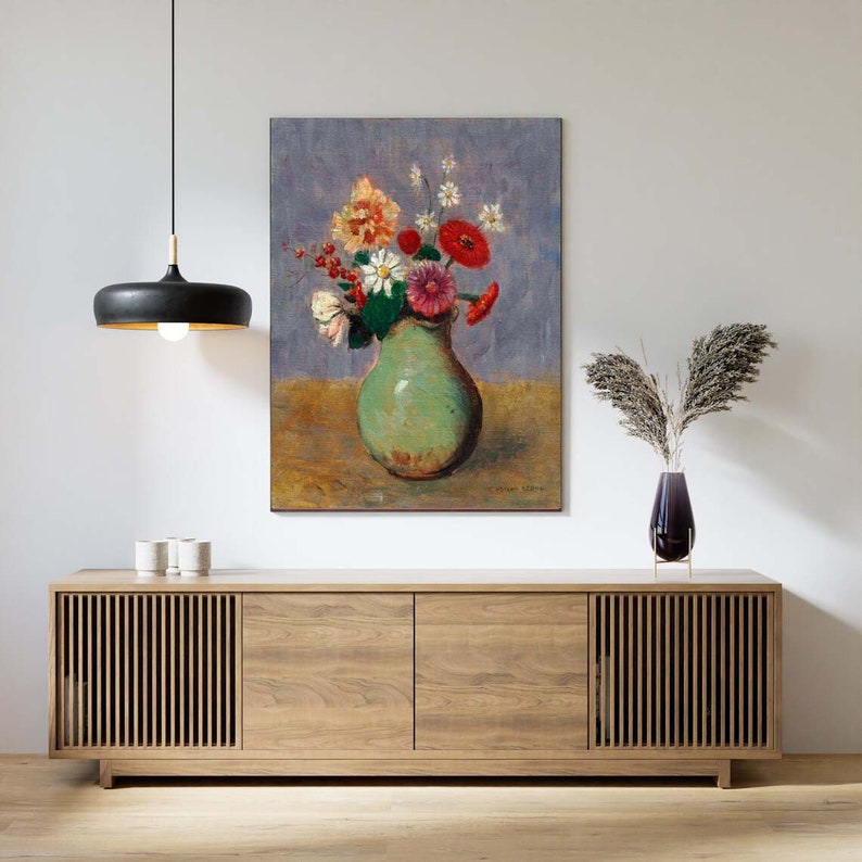 Wildflowers Vase Wall Art Print Vintage Daisies Still Life Painting Red ...