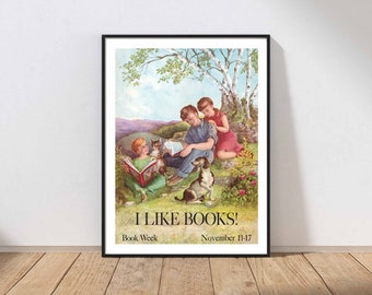 Vintage Reading I Like Books Poster Wall Art MAILED Print or INSTANT DOWNLOAD Book Lover Office Library Child Room Playroom Classroom POST7