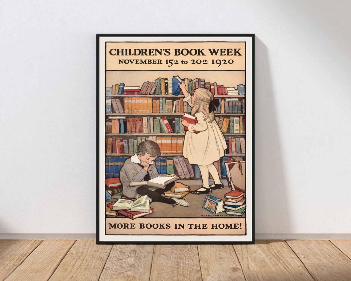 1920 Vintage Book Reading Poster Library Boy Girl Room Classroom ...