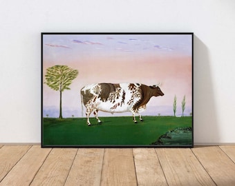 American Folk Art Cow Painting Print Wall Art Rare Antique Vintage Farm Modern Farmhouse Home Decor MAILED Print or INSTANT DOWNLOAD ANMR109
