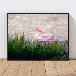 Antique Bird Wall Art Vintage Crane Bird Abstract Painting Lake Modern Painting Home Room Decor MAILED Print or INSTANT DOWNLOAD BIRD10