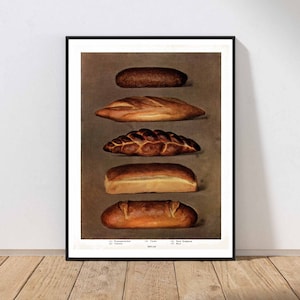 May include: A vintage illustration of five different types of bread, including a baguette, a braided loaf, and a round loaf. The illustration is on a brown background with the word "BREAD" printed at the bottom.