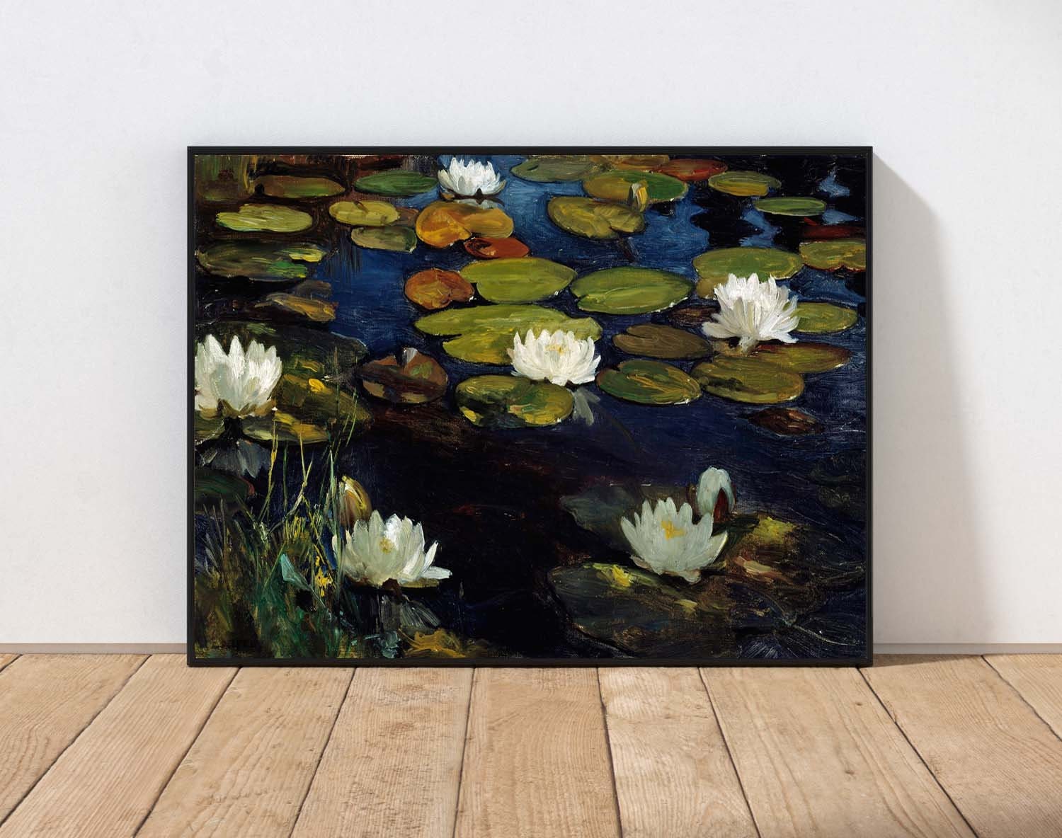 White Water Lilies on Navy Blue Background Botanical Print Wall Art ...