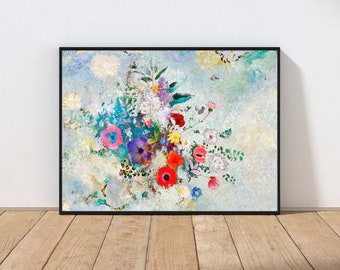 Vintage Abstract Impressionism Colorful Flowers Print Wall Art Pink Blue Red Colors Statement Decor MAILED Print or INSTANT DOWNLOAD OR18
