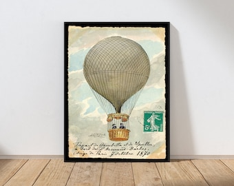 Air Balloon Wall Art Vintage Post Card Postal Stamp Mark Antique Vintage Illustration Home Decor MAILED Print or INSTANT DOWNLOAD AIRB3