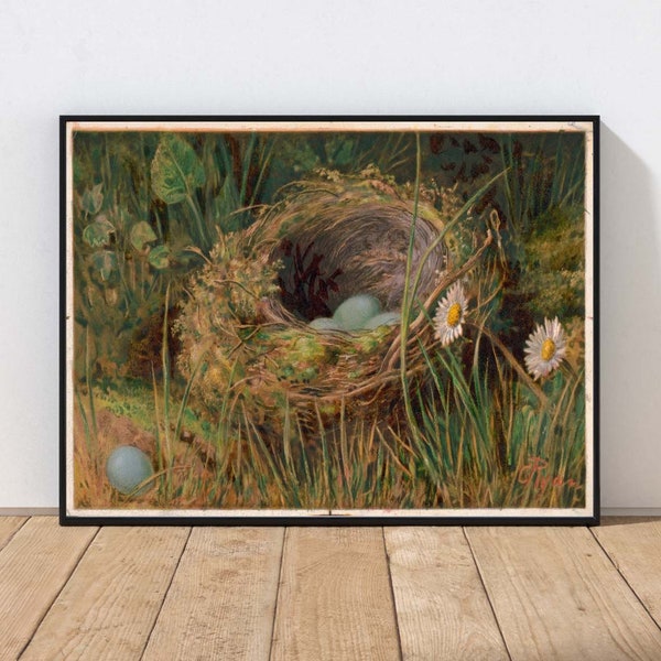 Vintage Bird Nest Wall Art Antique Painting Wildflowers Blue Eggs Daisies Country Farmhouse Decor MAILED Print or INSTANT DOWNLOAD BIRD8