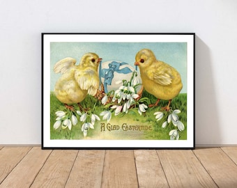 Vintage Easter Wall Art Vintage Card Postcard Snowdrop Flowers Baby Chicks Egg Spring Home Decor MAILED Print or INSTANT DOWNLOAD EAST11