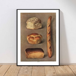 May include: A vintage illustration of four different types of bread: a loaf, a round loaf, a baguette, and a roll. The illustration is in a muted color palette with a brown background.