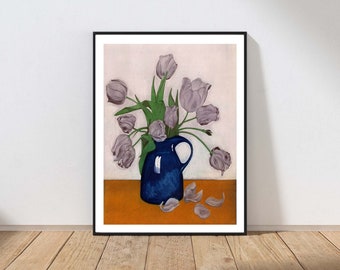 Violet Tulips Still Life Wall Art Vintage Flowers in Blue Vase Painting Living Dining Room Decor MAILED Print or INSTANT File DOWNLOAD MIX1