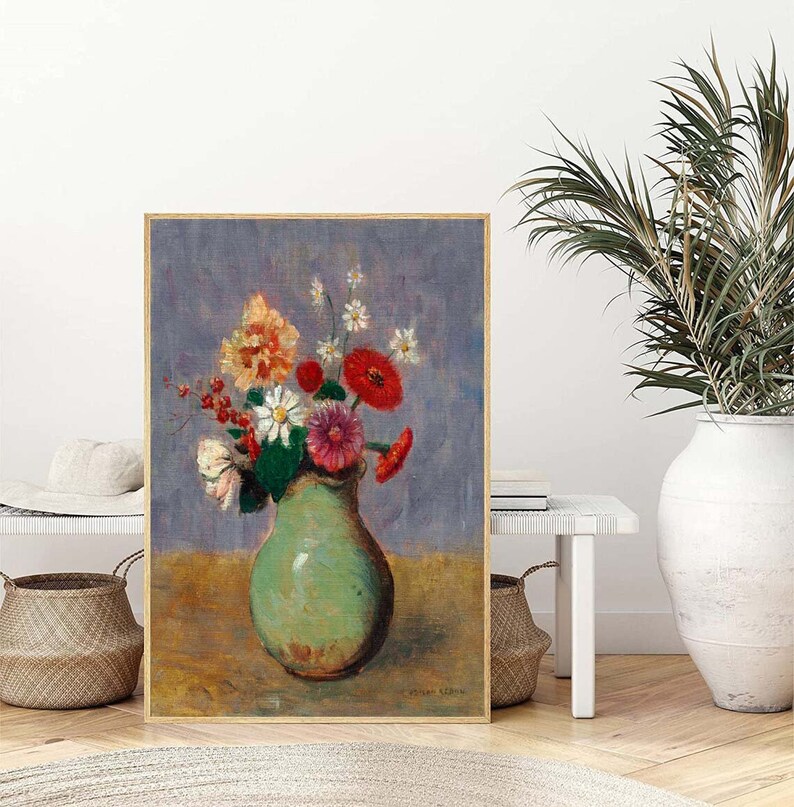 Wildflowers Vase Wall Art Print Vintage Daisies Still Life Painting Red ...