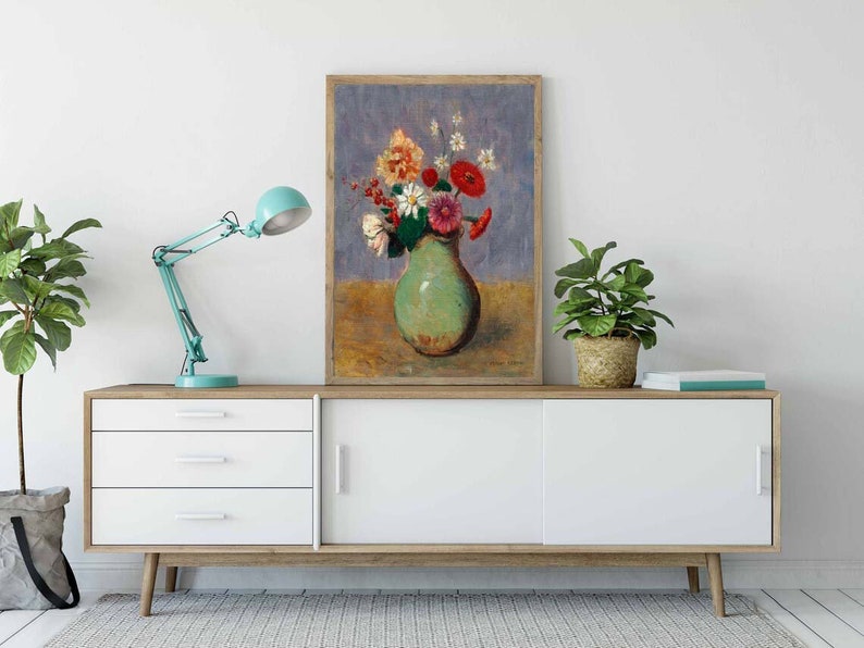 Wildflowers Vase Wall Art Print Vintage Daisies Still Life Painting Red ...