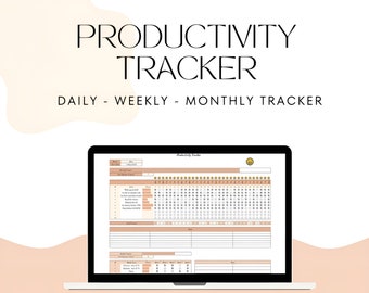 May include: A laptop screen displaying a Google Sheet productivity tracker with tabs for daily, weekly, and monthly tracking. The sheet is designed with a user-friendly interface and includes a calendar view for easy tracking of tasks and goals.