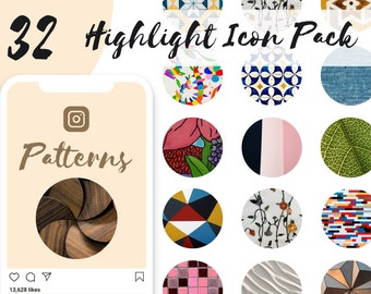 May include: A phone screen displaying 32 highlight icon pack patterns. The icons are circular and feature various patterns, including wood grain, floral, geometric, and abstract designs. The text "32 Highlight Icon Pack" is displayed at the top of the screen, and the text "Patterns" is displayed in the center of the screen.