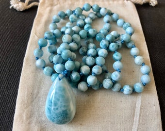 Natural Larimar Mala, 108 Mala Beads, Hand knotted Gemstone Necklace, Heart and Throat Chakra