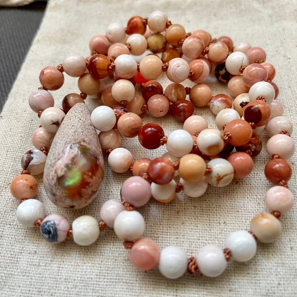 Rare Mexican Fire Opal Mala, 108 beaded Mala, Hand knotted Gemstone Necklace, Sacral Chakra