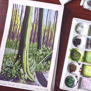Whyte Lake Forest II | West-Vancouver, BC | origineel gouache-landschapsschilderij van 5 x 7 inch op aquarelpapier