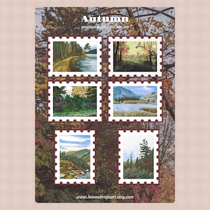 Autocollants pour timbres-poste de paysages d'automne | feuille d'autocollants en vinyle
