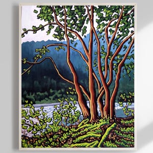 Puede incluir: Una pintura de un árbol con corteza roja y hojas verdes. El árbol está frente a un cuerpo de agua y un bosque en el fondo.