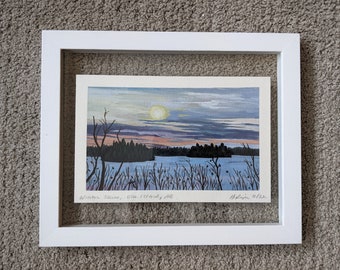 Winter Skies - FRAMED Original 5x7" Gouache Painting on Watercolor Paper