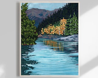 May include: A painting depicting a lake surrounded by trees. The trees are mainly green, but some are yellow and orange. The lake is a pale blue colour and reflects the trees. The sky is a pale blue colour.