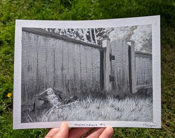 Monochrome Fence Study | Original 6x8" Gouache Landscape Painting on Watercolor Paper