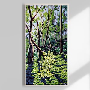 May include: A painting depicting a woodland scene with tall trees and verdant foliage. Sunlight streams through the trees, casting a dappled light pattern on the forest floor.