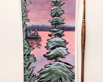 Evergreen | Original 4x8" Gouache Landscape Painting on Watercolor Paper
