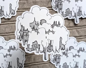 Può includere: Adesivo in bianco e nero di arte di linea di un albero con un tronco spesso e molti rami. L'albero è disegnato con un motivo a righe.