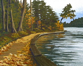 Colorful Waterfront Walk | Fall Colors Study #3 | Gouache Landscape Art Print