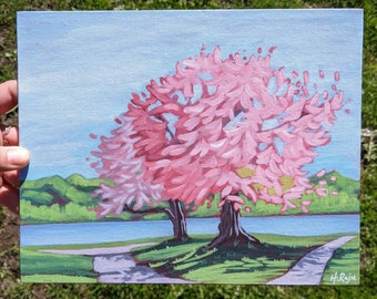 Cherry Blossoms in the Park | Original 8x10" Acrylic Landscape Painting on Canvas Panel