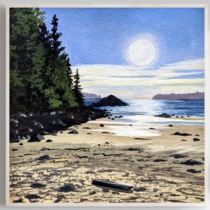 Playa Florencia al sur / Ucluelet BC / impresión artística de paisaje en gouache