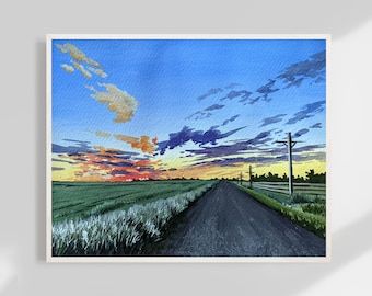 Rural Alberta Sunset | gouache landscape art print